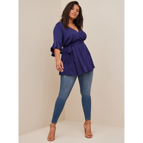 TORRID Sz 5 (5X) Navy Blue Babydoll Challis Surplice Tie-Front Top Bell Sleeve - Picture 1 of 13